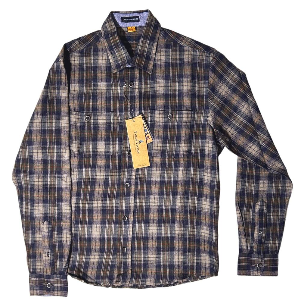 NWT Tailor Vintage Stretch Brown Plaid Flannel Shirt Small MSRP $88